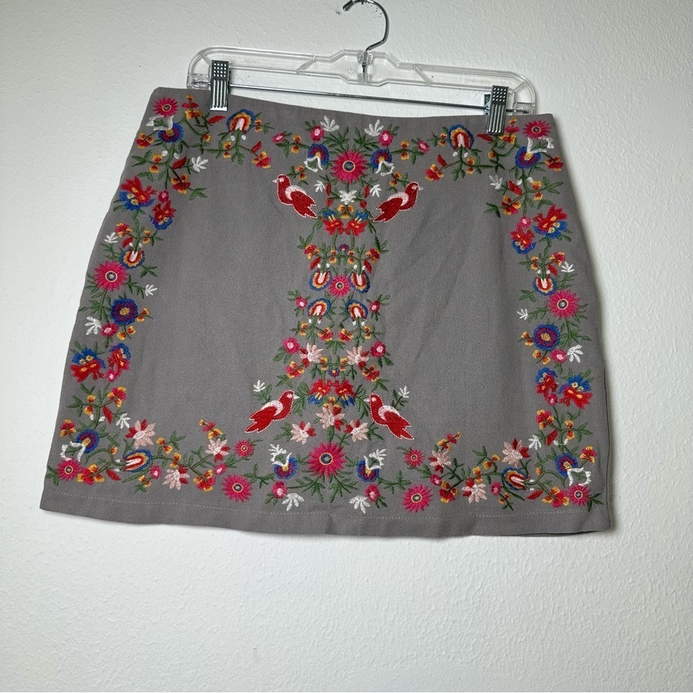 Altar'd State Gray Mini Skirt with Colorful Floral Embroidery Size L - Picture 2 of 15